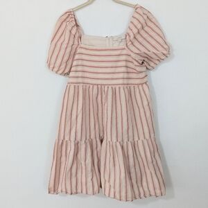 Loft Striped Square Neck Puff Sleeve Mini Dress Tiered Beige Pink Sundress 6